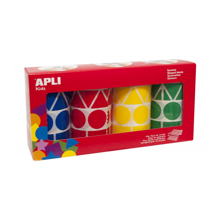 APLI KIDS Boîte de 4 rouleaux de gommettes rondes 20 mm, couleurs assorties  (bleu, rouge, jaune et vert)