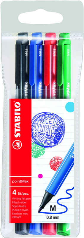 4 stylos-feutres pointe moyenne STABILO pointMax noir bleu rouge vert -  BuroStock Guadeloupe